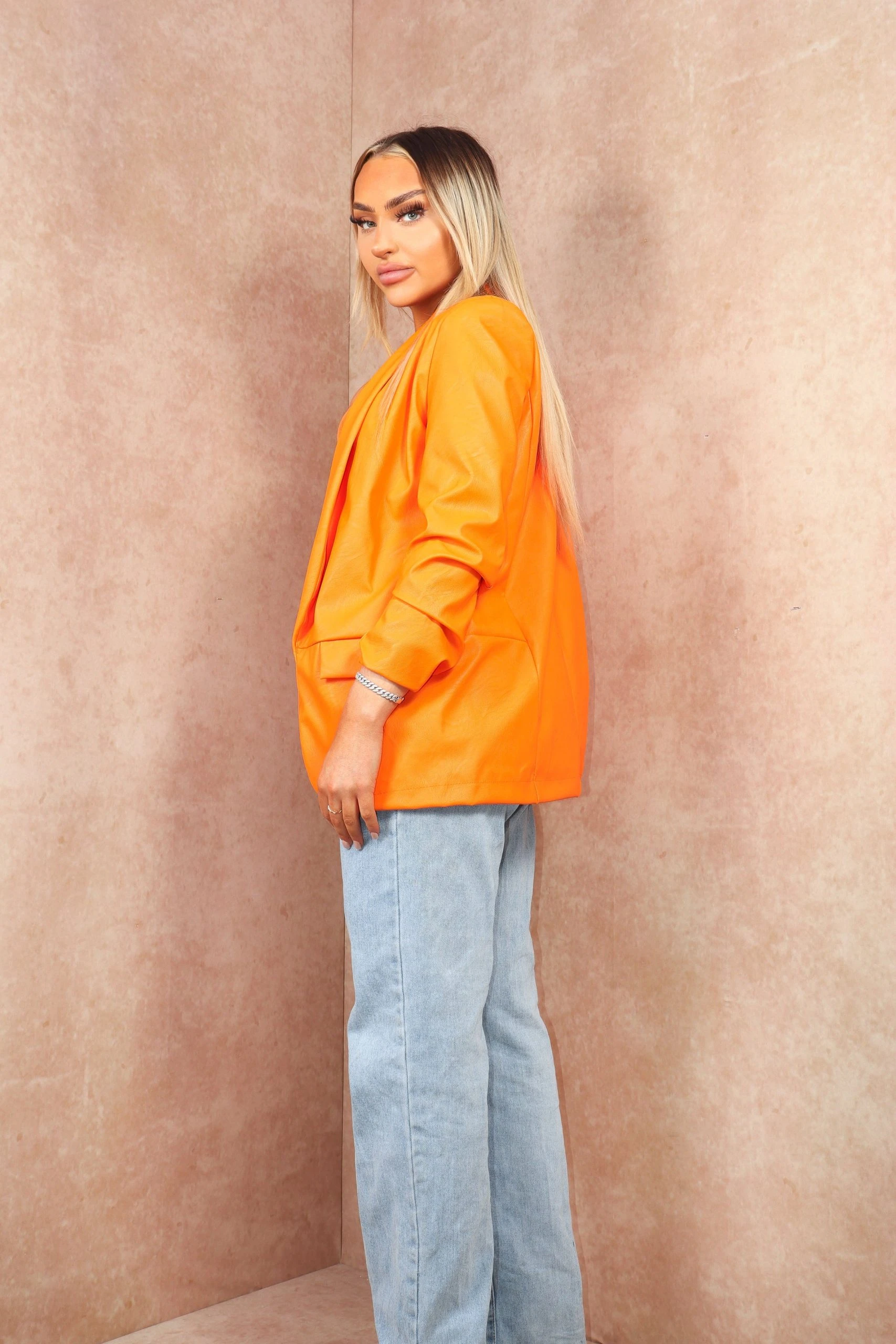 Miss Moda Luxe Orange Faux Leather Ruched Sleeve Blazer 4 Miss Moda Luxe Orange Faux Leather Ruched Sleeve Blazer - Image 4