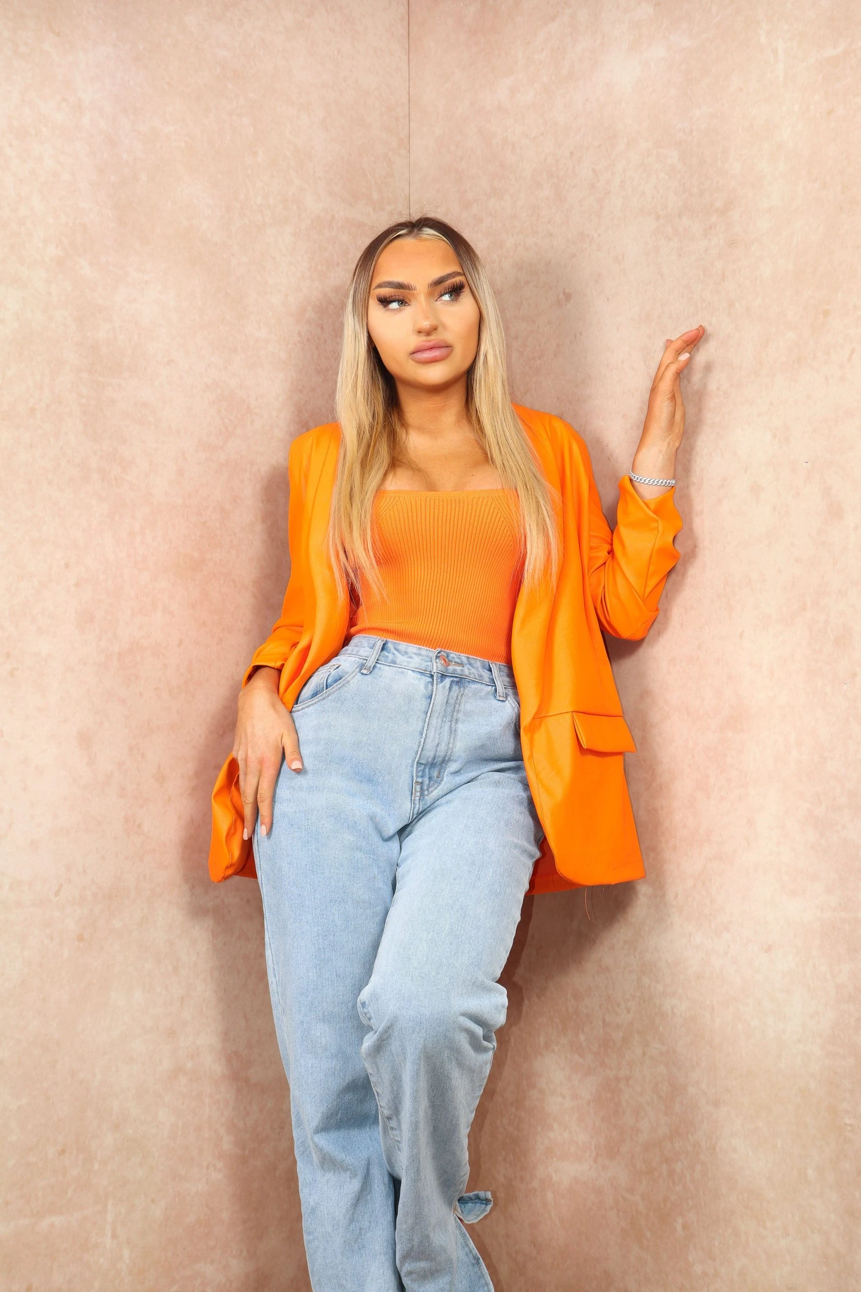 Miss Moda Luxe Orange Faux Leather Ruched Sleeve Blazer 2 Miss Moda Luxe Orange Faux Leather Ruched Sleeve Blazer - Image 2