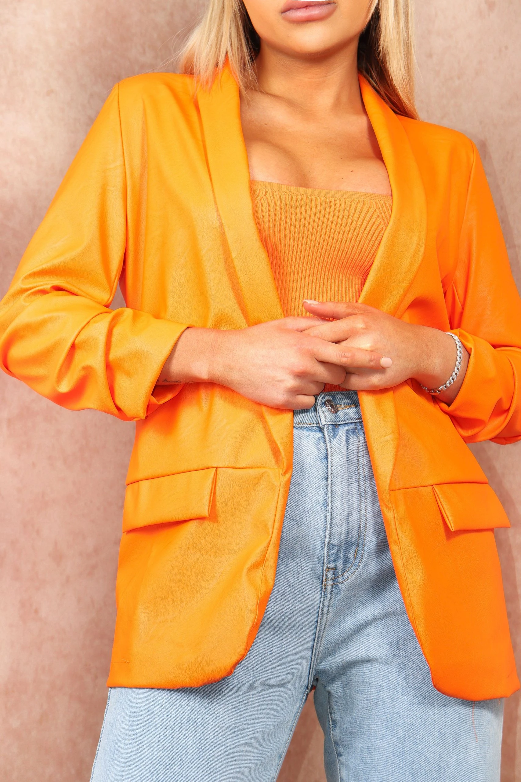 Miss Moda Luxe Orange Faux Leather Ruched Sleeve Blazer 3 Miss Moda Luxe Orange Faux Leather Ruched Sleeve Blazer - Image 3