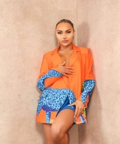 Miss Moda Luxe Orange Premium Cheetah Graphic Print Colour-block Blazer