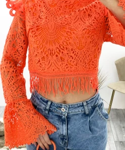 Miss Moda Luxe Orange Crochet Lace High Neck Top 5 Miss Moda Luxe Orange Crochet Lace High Neck Top -Miss Moda Luxe Shop orangeclose