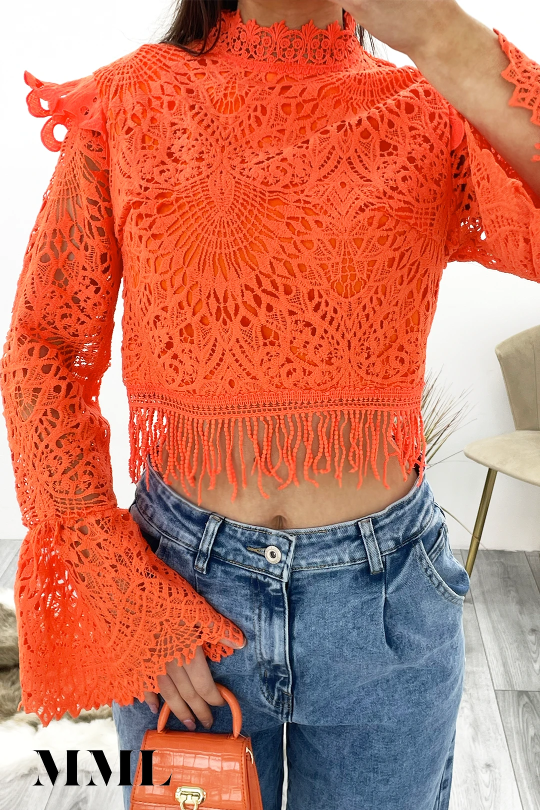 Miss Moda Luxe Orange Crochet Lace High Neck Top 3 Miss Moda Luxe Orange Crochet Lace High Neck Top - Image 3
