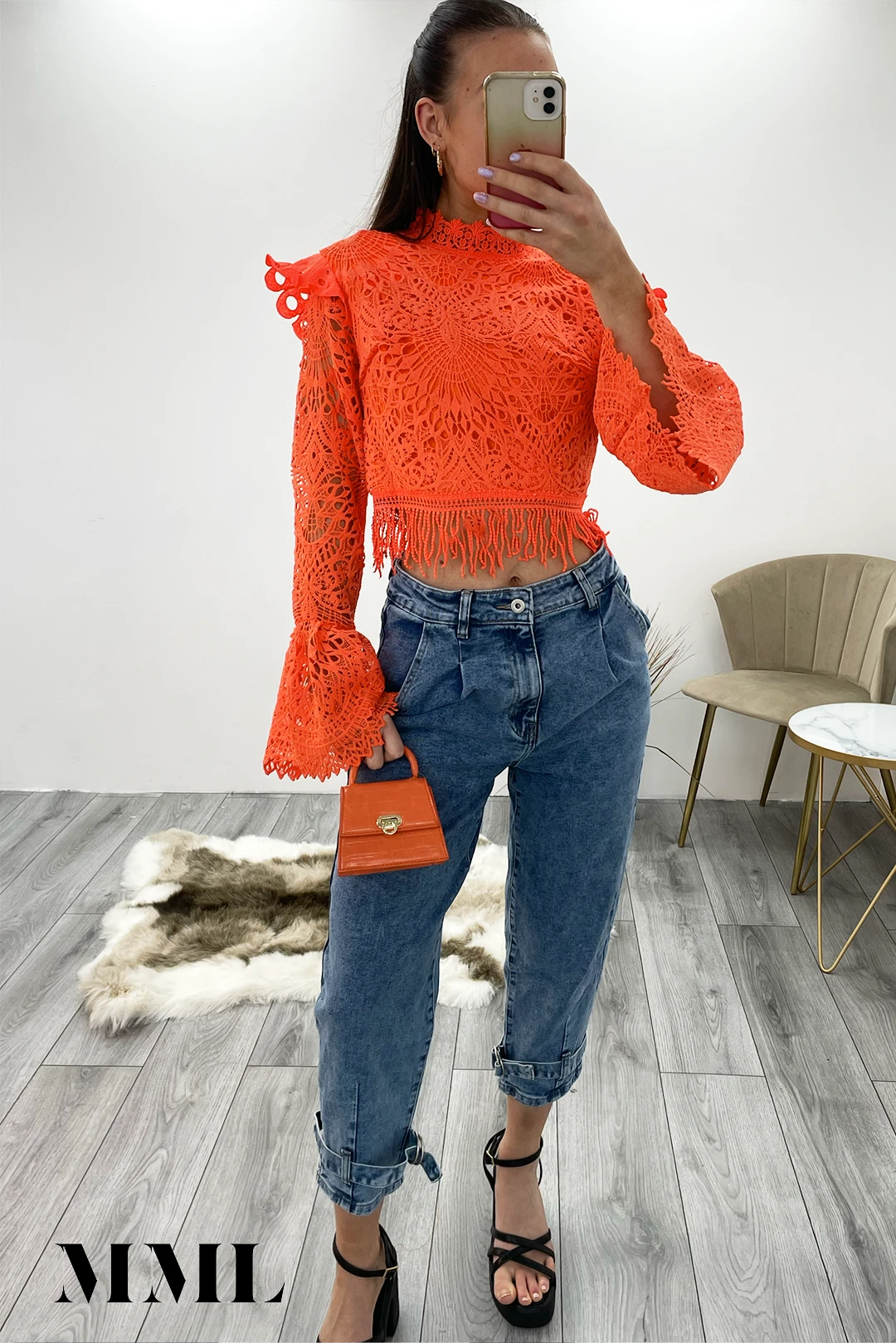Miss Moda Luxe Orange Crochet Lace High Neck Top 2 Miss Moda Luxe Orange Crochet Lace High Neck Top - Image 2