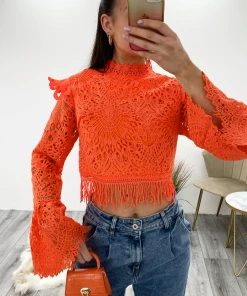 Miss Moda Luxe Orange Crochet Lace High Neck Top