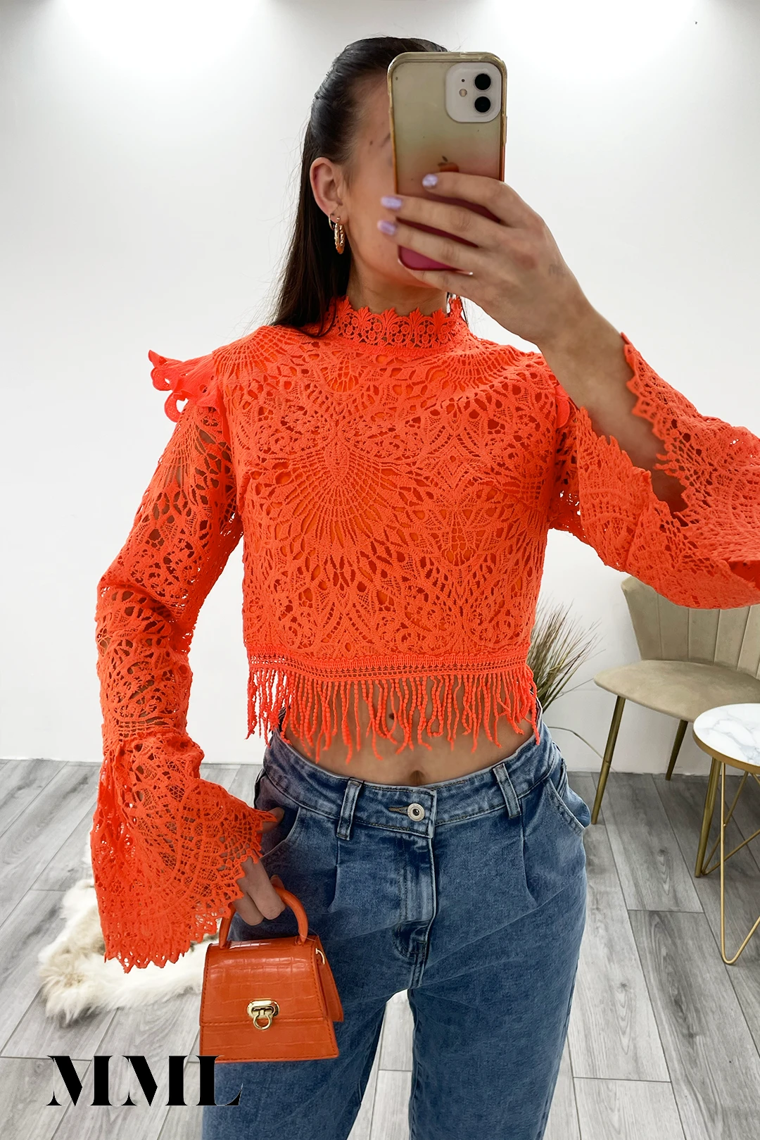 Miss Moda Luxe Orange Crochet Lace High Neck Top 1 Miss Moda Luxe Orange Crochet Lace High Neck Top