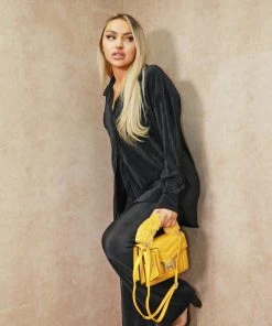 Miss Moda Luxe Black Oversized Plisse Button Up Shirt Co-ord