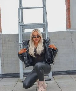 Miss Moda Luxe Black Cropped Faux Leather Puffer Jacket.