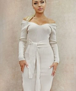 Miss Moda Luxe Beige Ribbed Longsleeve Midi Tie Dress