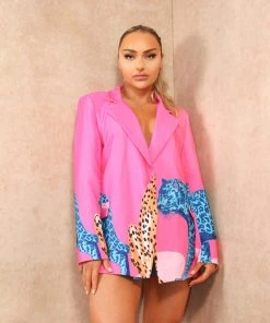 Miss Moda Luxe Pink Premium Cheetah Graphic Print Colour-block Blazer