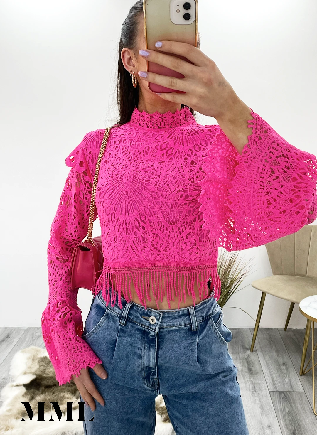 Miss Moda Luxe Pink Crochet Lace High Neck Top 3 Miss Moda Luxe Pink Crochet Lace High Neck Top - Image 3