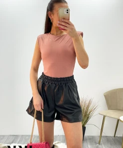 Miss Moda Luxe Pink Slinky Shoulder Pad Sleeveless Bodysuit Top