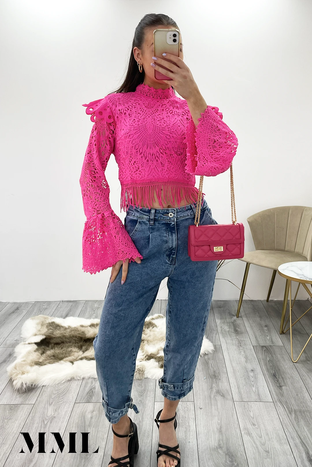 Miss Moda Luxe Pink Crochet Lace High Neck Top 2 Miss Moda Luxe Pink Crochet Lace High Neck Top - Image 2