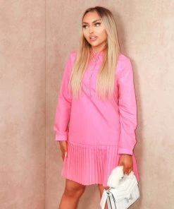 Miss Moda Luxe Pink Premium Pleated Shift Shirt Dress
