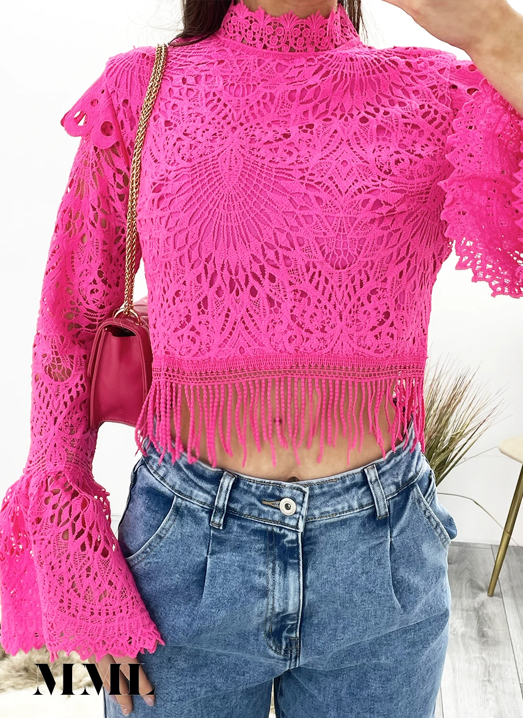 Miss Moda Luxe Pink Crochet Lace High Neck Top 4 Miss Moda Luxe Pink Crochet Lace High Neck Top - Image 4