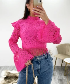 Miss Moda Luxe Pink Crochet Lace High Neck Top