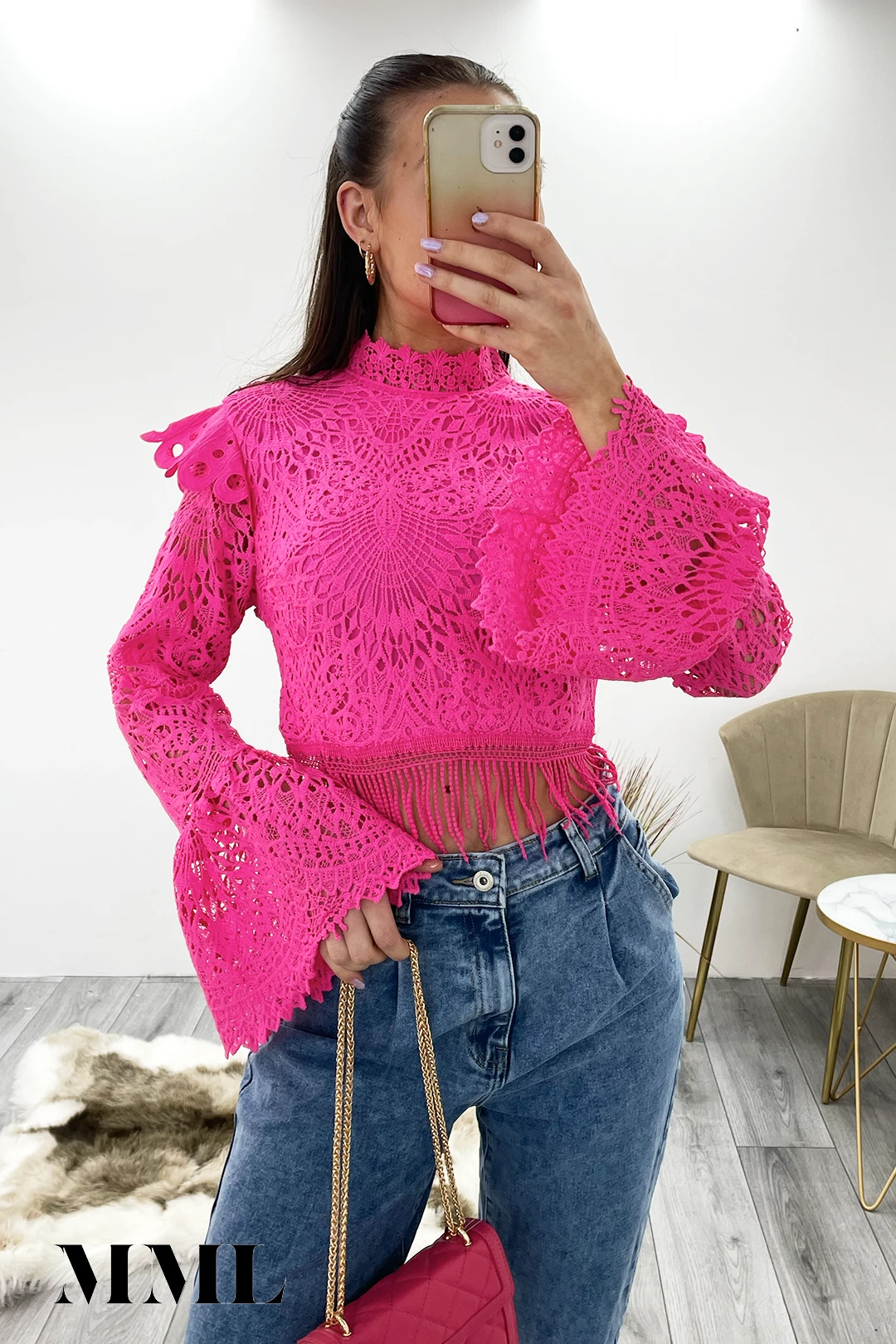 Miss Moda Luxe Pink Crochet Lace High Neck Top 1 Miss Moda Luxe Pink Crochet Lace High Neck Top