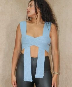Miss Moda Luxe Wrap Knit Blue Tie Top