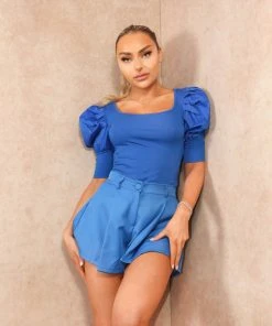 Miss Moda Luxe Premium Blue Ribbed Puff Sleeve Bodysuit