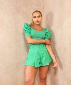 Miss Moda Luxe Premium Green Ribbed Puff Sleeve Bodysuit