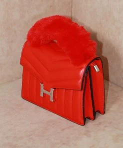 Miss Moda Luxe Red Fur Handle Chevron Quilted Handbag -Miss Moda Luxe Shop redhermes10 scaled