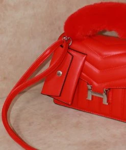 Miss Moda Luxe Red Fur Handle Chevron Quilted Handbag -Miss Moda Luxe Shop redhermes6 scaled