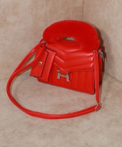 Miss Moda Luxe Red Fur Handle Chevron Quilted Handbag -Miss Moda Luxe Shop redhermes7 scaled