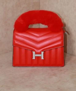 Miss Moda Luxe Red Fur Handle Chevron Quilted Handbag
