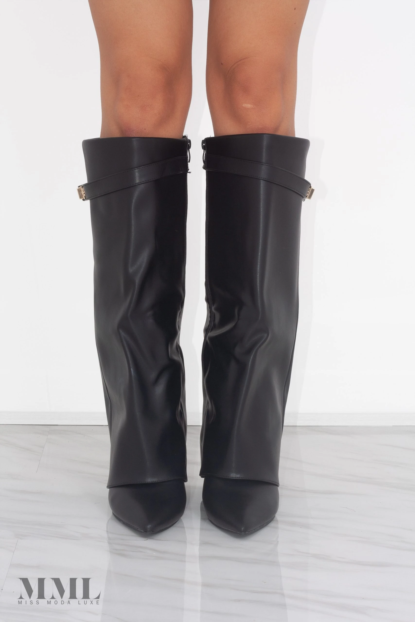 Miss Moda Luxe Black Leather Fold Over Shark Classic Buckle Knee High Boot 4 Miss Moda Luxe Black Leather Fold Over Shark Classic Buckle Knee High Boot - Image 4