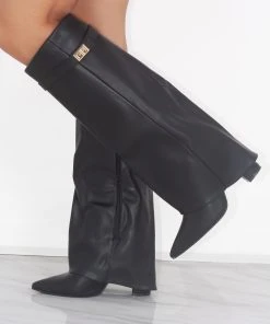 Miss Moda Luxe Black Leather Fold Over Shark Classic Buckle Knee High Boot