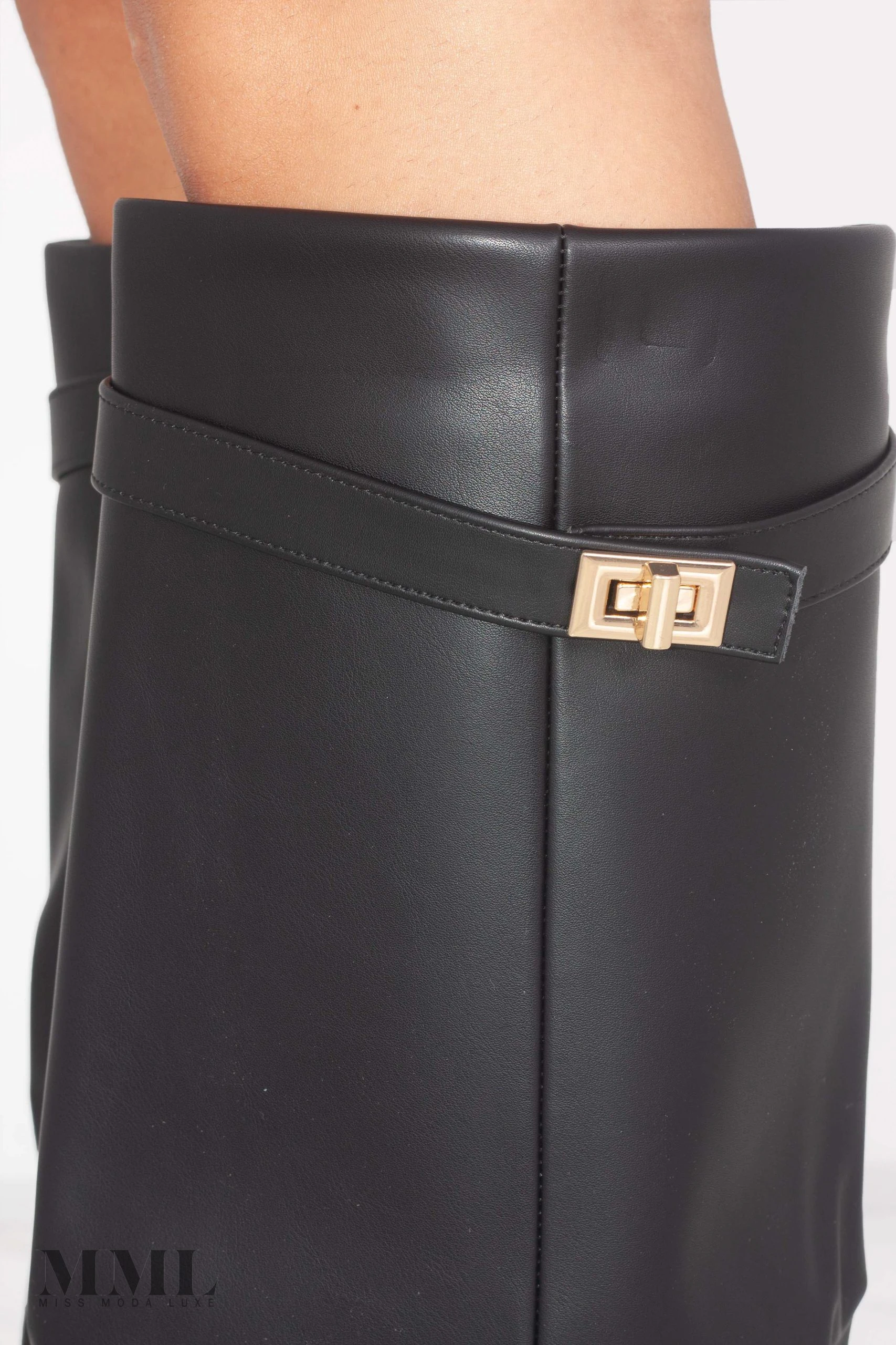 Miss Moda Luxe Black Leather Fold Over Shark Classic Buckle Knee High Boot 2 Miss Moda Luxe Black Leather Fold Over Shark Classic Buckle Knee High Boot - Image 2