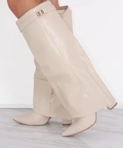 Miss Moda Luxe Beige Leather Fold Over Shark Classic Buckle Knee High Boot