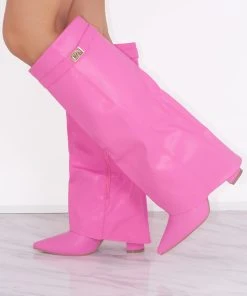 Miss Moda Luxe Pink Leather Fold Over Shark Classic Buckle Knee High Boot