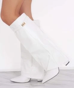 Miss Moda Luxe White Leather Fold Over Shark Classic Buckle Knee High Boot
