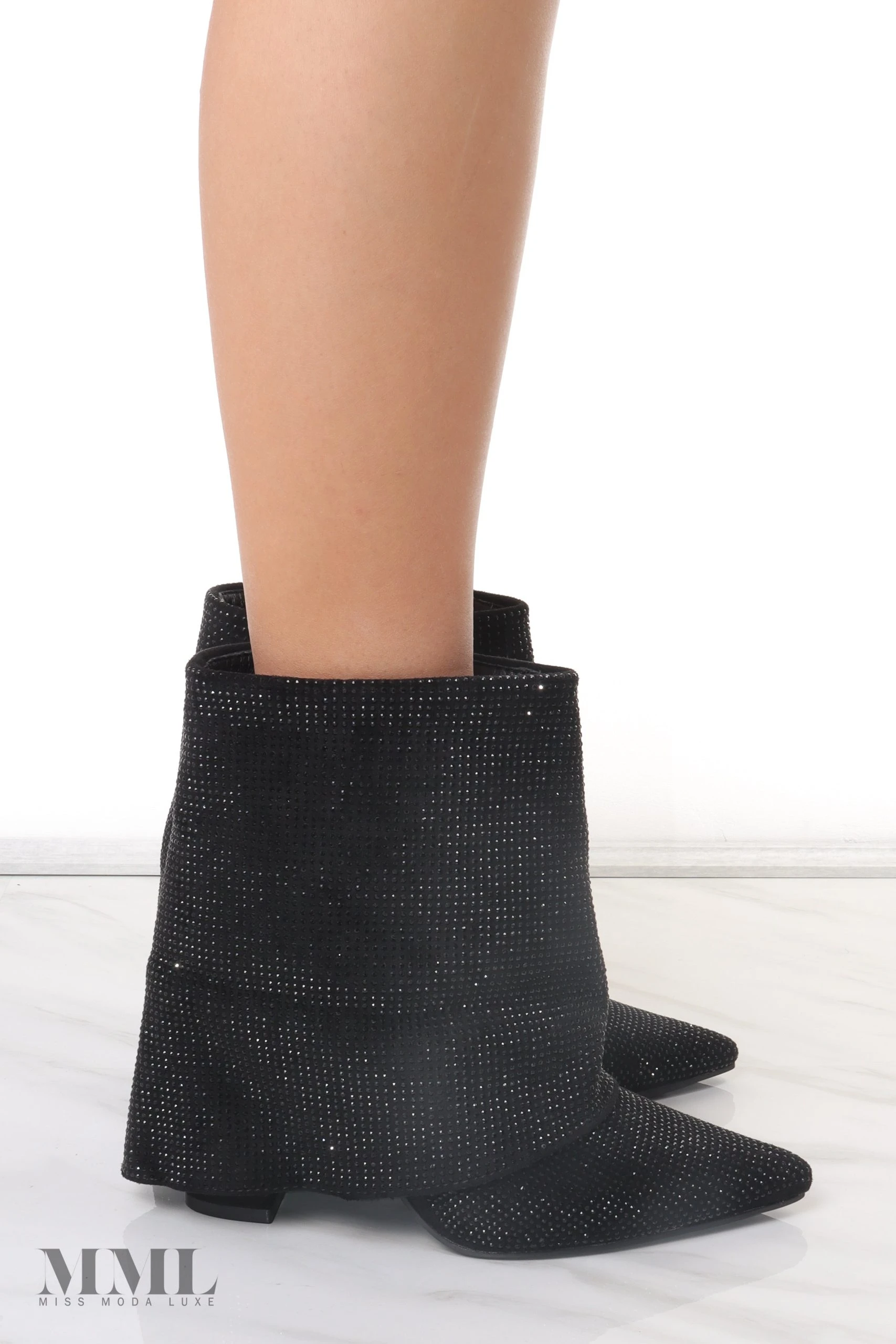 Miss Moda Luxe Black Diamante Fold Over Shark Ankle Boot 4 Miss Moda Luxe Black Diamante Fold Over Shark Ankle Boot - Image 4