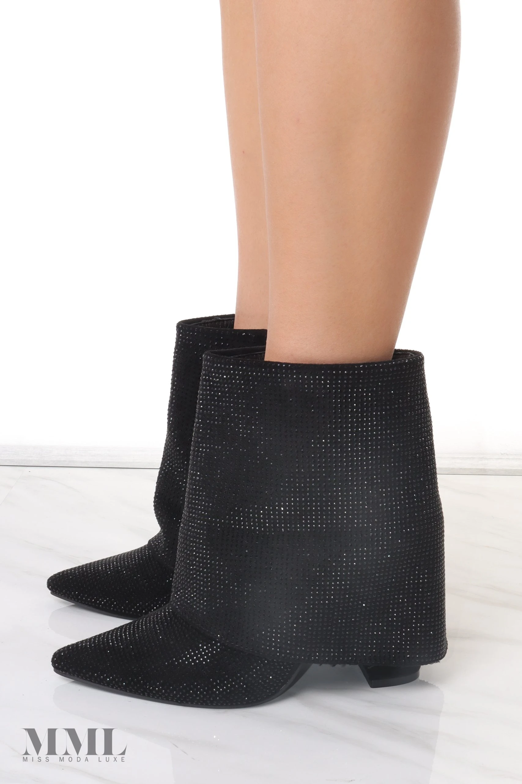 Miss Moda Luxe Black Diamante Fold Over Shark Ankle Boot 2 Miss Moda Luxe Black Diamante Fold Over Shark Ankle Boot - Image 2