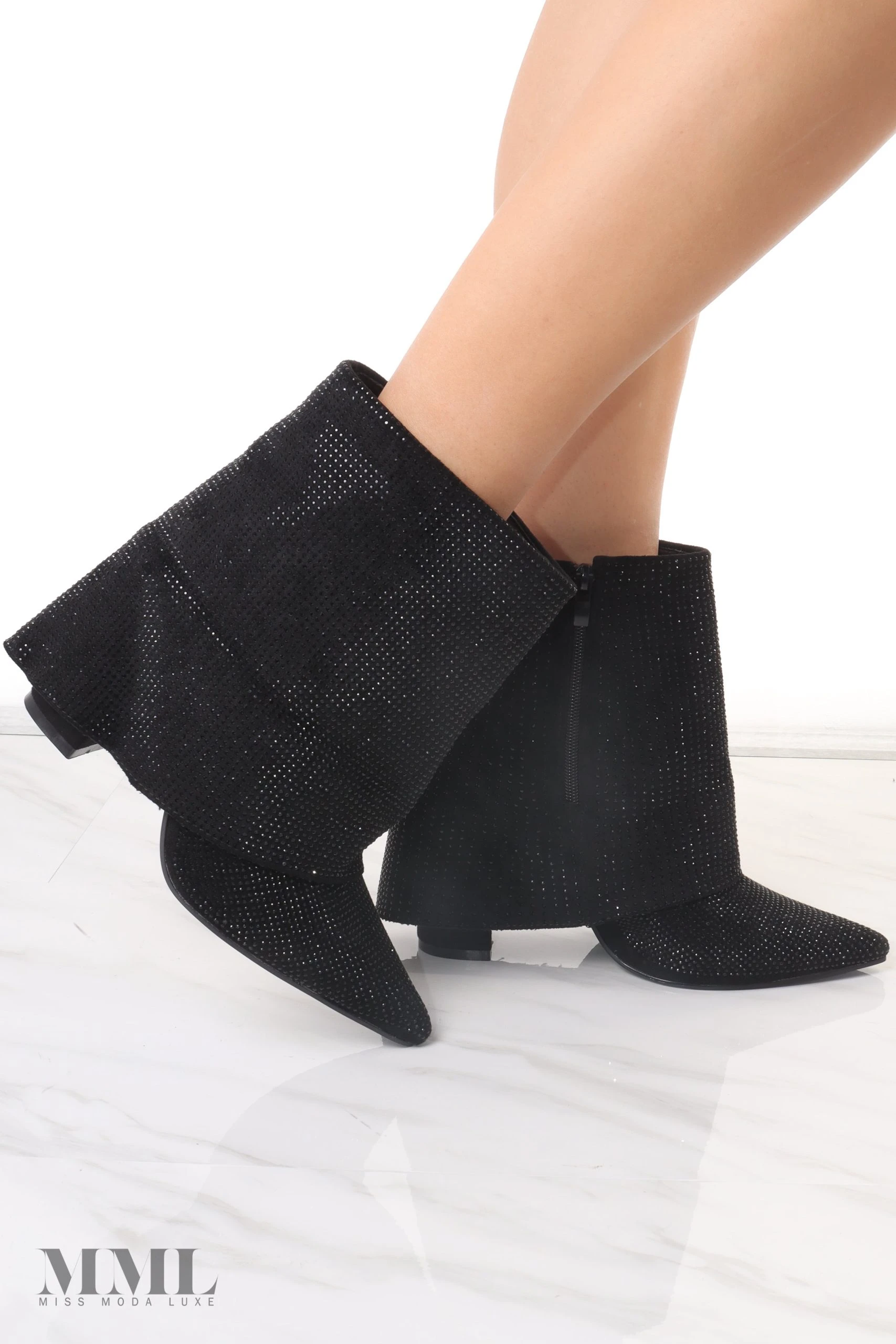 Miss Moda Luxe Black Diamante Fold Over Shark Ankle Boot 1 Miss Moda Luxe Black Diamante Fold Over Shark Ankle Boot