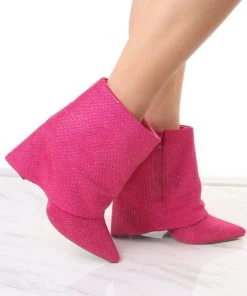 Miss Moda Luxe Pink Diamante Fold Over Shark Ankle Boot