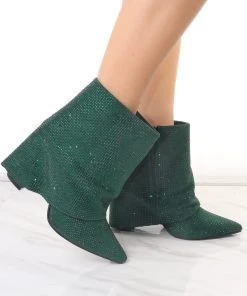Miss Moda Luxe Green Diamante Fold Over Shark Ankle Boot