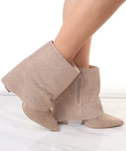 Miss Moda Luxe Gold Diamante Fold Over Shark Ankle Boot