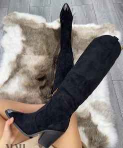 Miss Moda Luxe Black Faux Suede Knee High Toe Cap Cowboy Boot