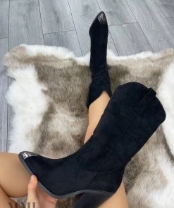 Miss Moda Luxe Black Faux Suede Mid Length Toe Cap Cowboy Boot