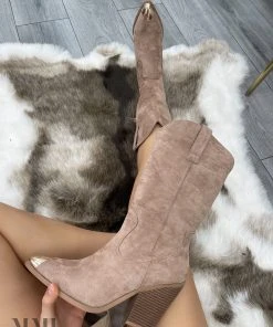 Miss Moda Luxe Taupe Faux Suede Mid Length Toe Cap Cowboy Boot