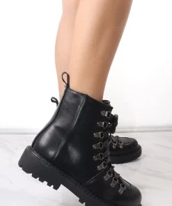 Miss Moda Luxe Black Chunky Faux Leather Lace Up Boots