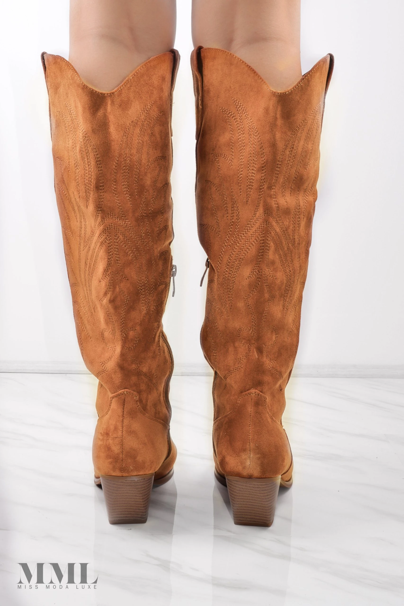 Miss Moda Luxe Camel Knee High Embroidery Faux Suede Cowboy Boot 4 Miss Moda Luxe Camel Knee High Embroidery Faux Suede Cowboy Boot - Image 4