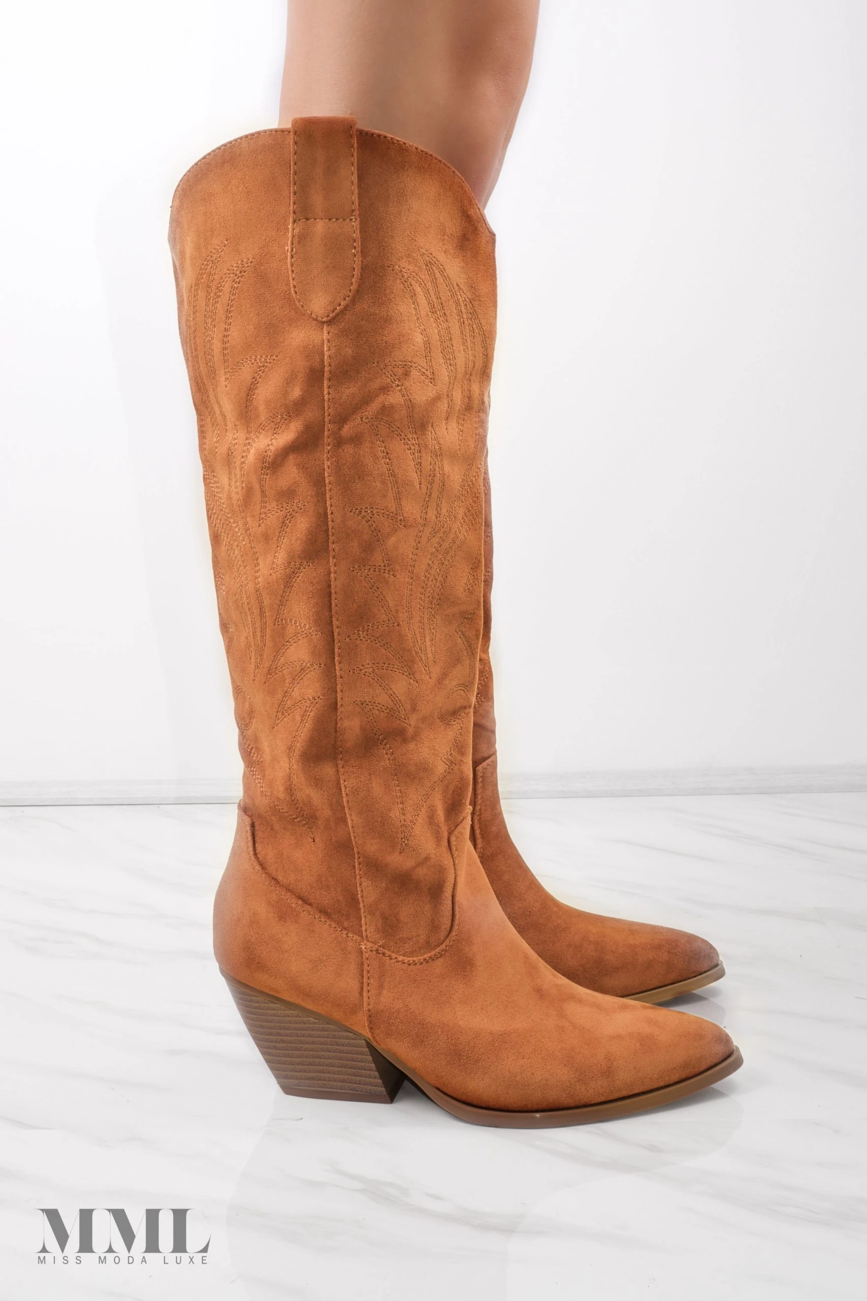 Miss Moda Luxe Camel Knee High Embroidery Faux Suede Cowboy Boot 3 Miss Moda Luxe Camel Knee High Embroidery Faux Suede Cowboy Boot - Image 3
