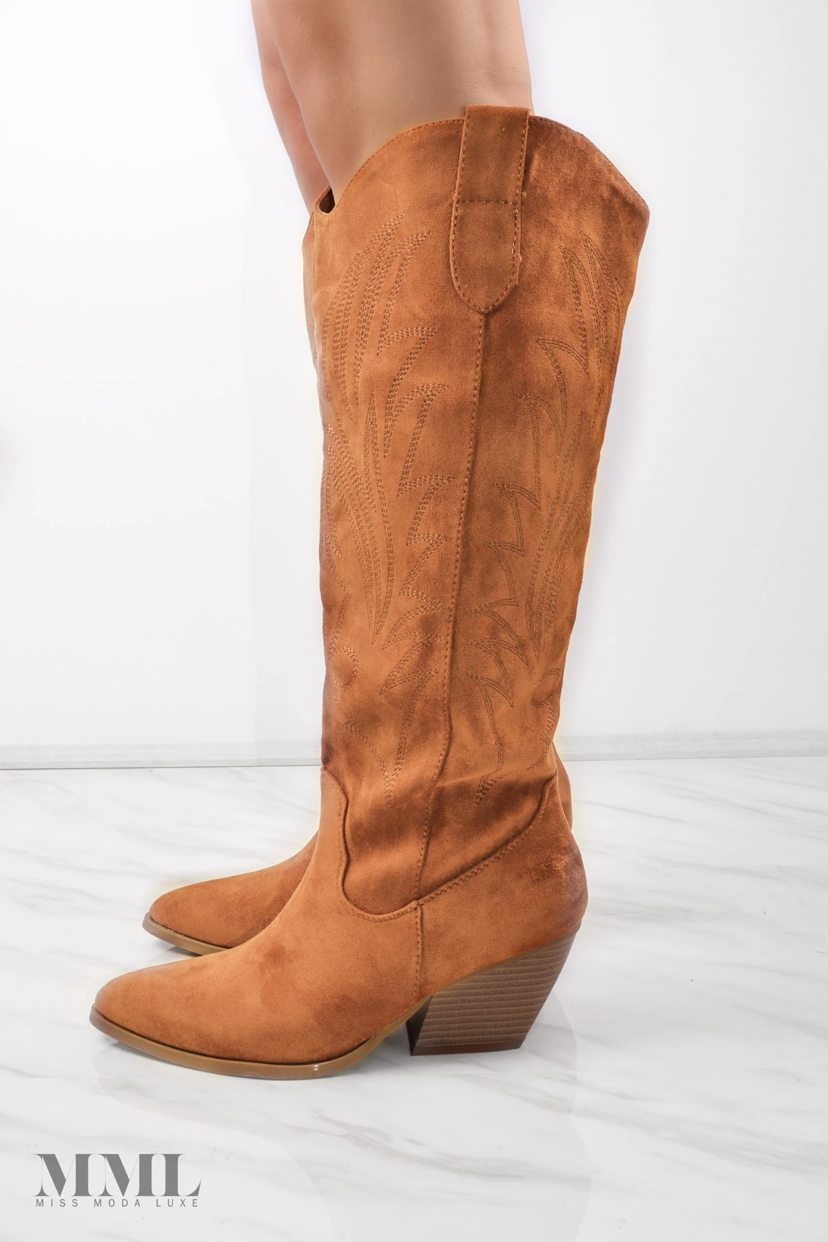 Miss Moda Luxe Camel Knee High Embroidery Faux Suede Cowboy Boot 5 Miss Moda Luxe Camel Knee High Embroidery Faux Suede Cowboy Boot - Image 5