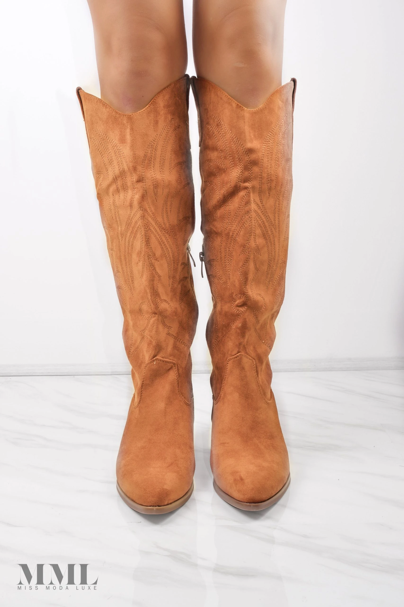 Miss Moda Luxe Camel Knee High Embroidery Faux Suede Cowboy Boot 2 Miss Moda Luxe Camel Knee High Embroidery Faux Suede Cowboy Boot - Image 2
