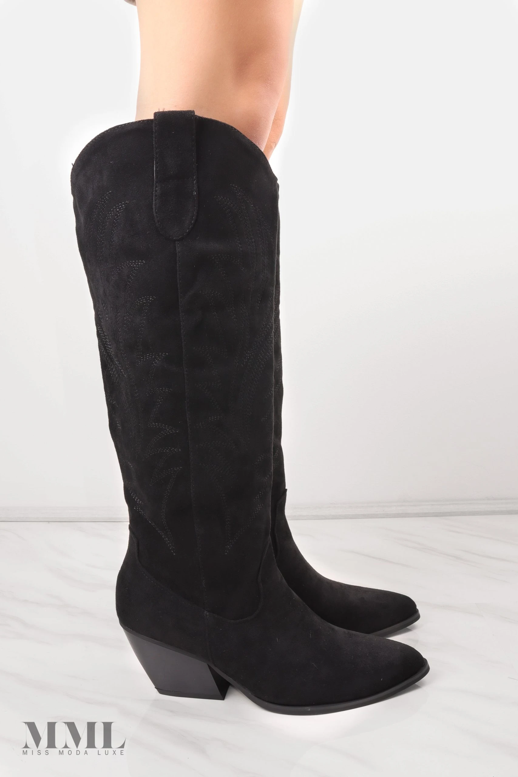 Miss Moda Luxe Black Knee High Embroidery Faux Suede Cowboy Boot 2 Miss Moda Luxe Black Knee High Embroidery Faux Suede Cowboy Boot - Image 2