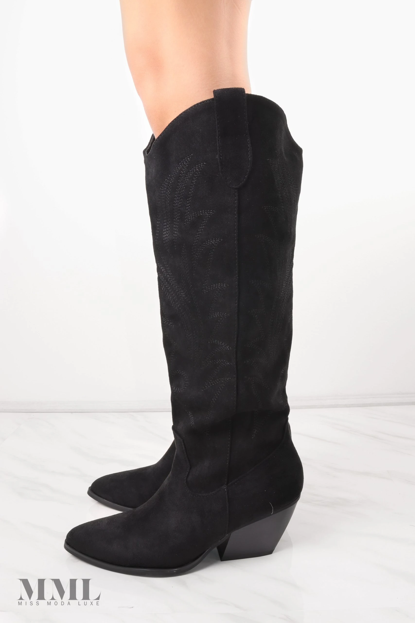 Miss Moda Luxe Black Knee High Embroidery Faux Suede Cowboy Boot 4 Miss Moda Luxe Black Knee High Embroidery Faux Suede Cowboy Boot - Image 4