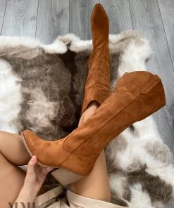 Miss Moda Luxe Camel Knee High Embroidery Faux Suede Cowboy Boot